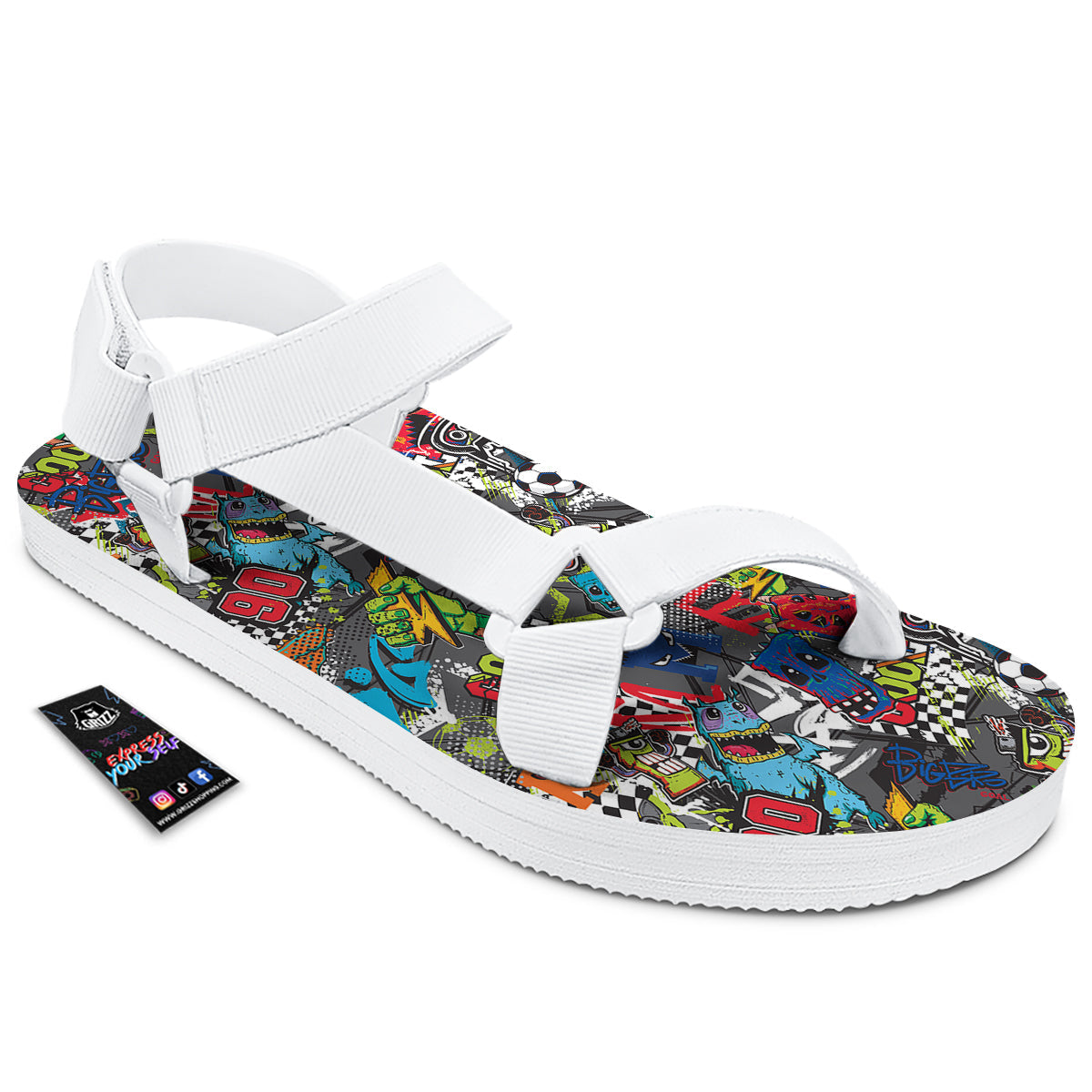 Comics Monsters Graffiti Print Pattern White Open Toe Sandals-grizzshop