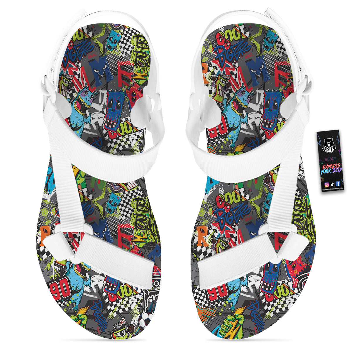 Comics Monsters Graffiti Print Pattern White Open Toe Sandals-grizzshop