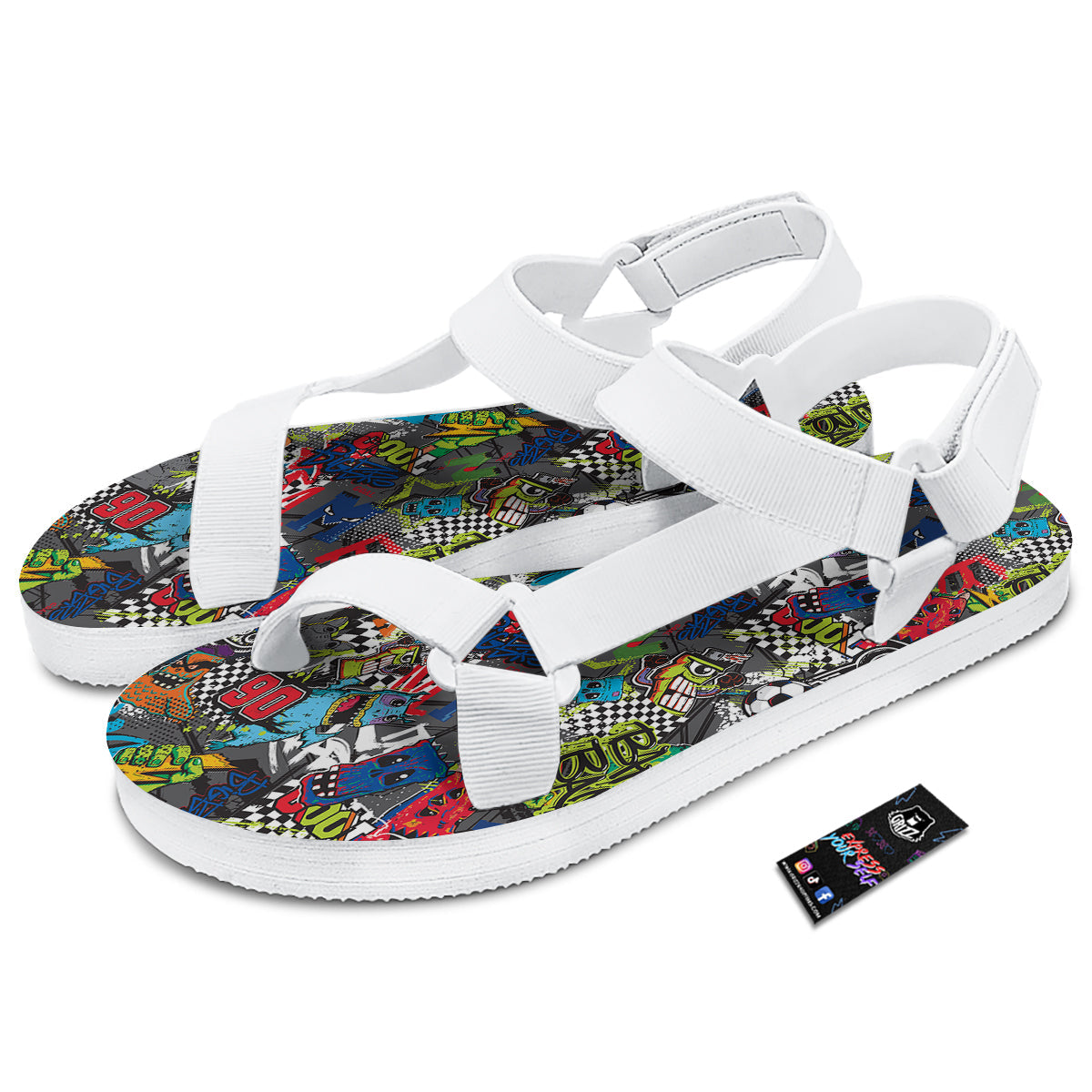 Comics Monsters Graffiti Print Pattern White Open Toe Sandals-grizzshop