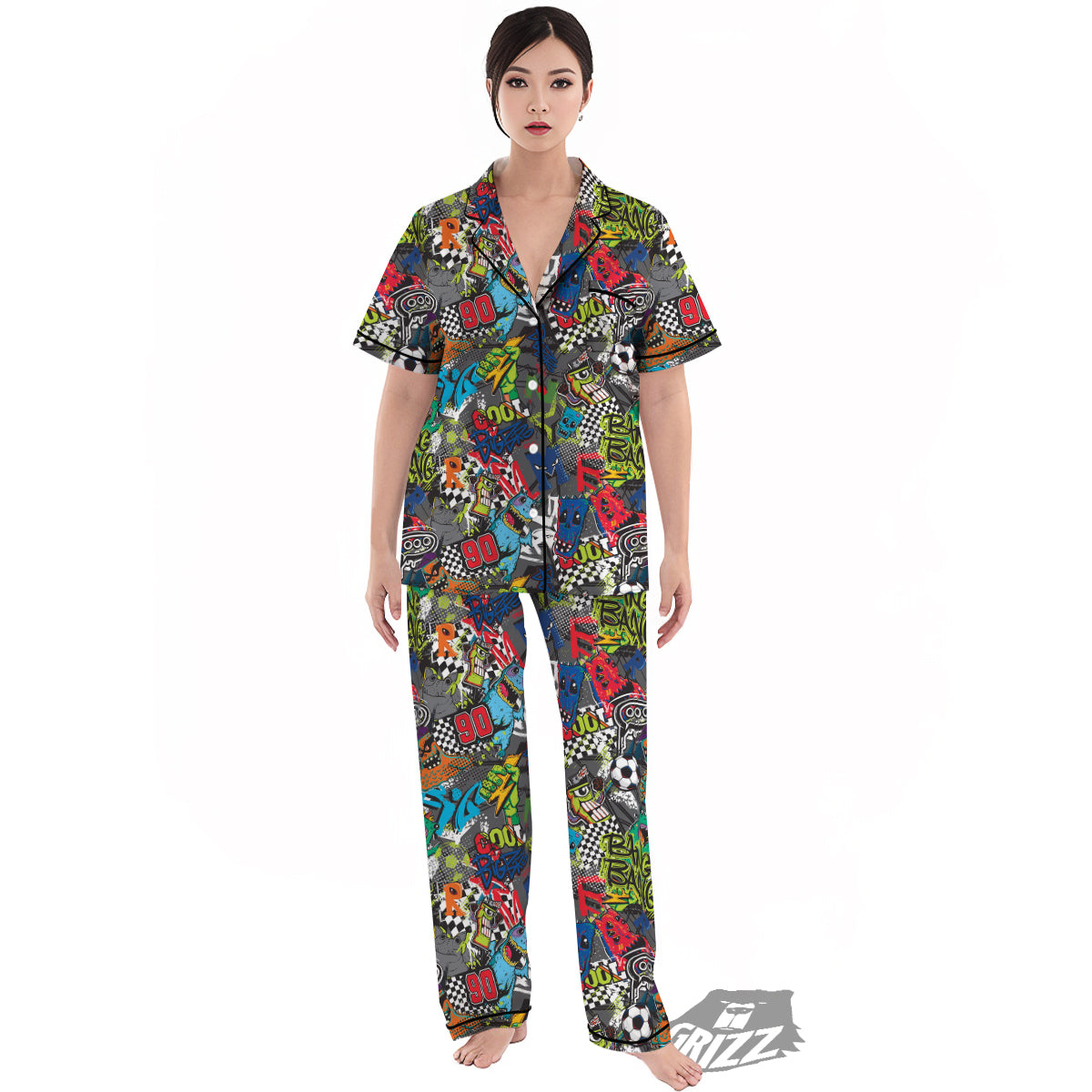 Comics Monsters Graffiti Print Pattern Women's Pajamas Set-grizzshop