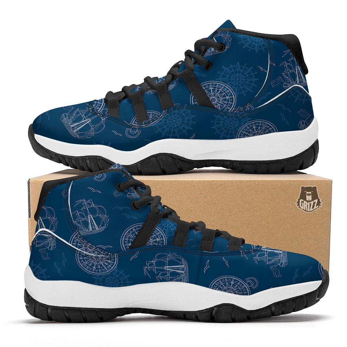 Compass Direction Pattern Print Black Bball Shoes-grizzshop