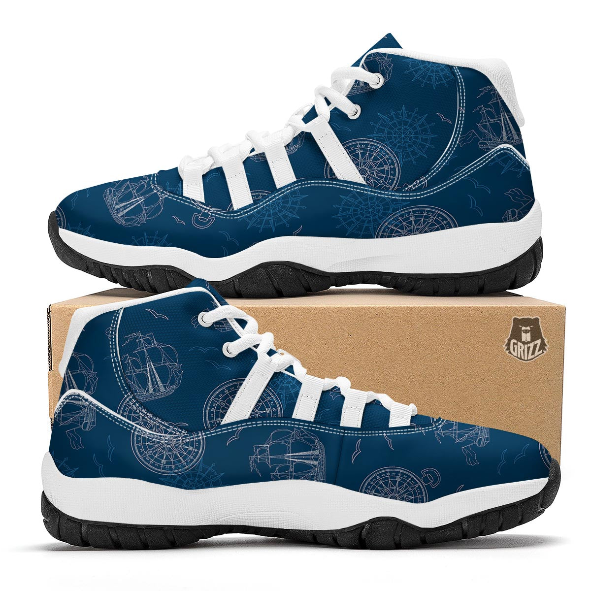 Compass Direction Pattern Print White Bball Shoes-grizzshop