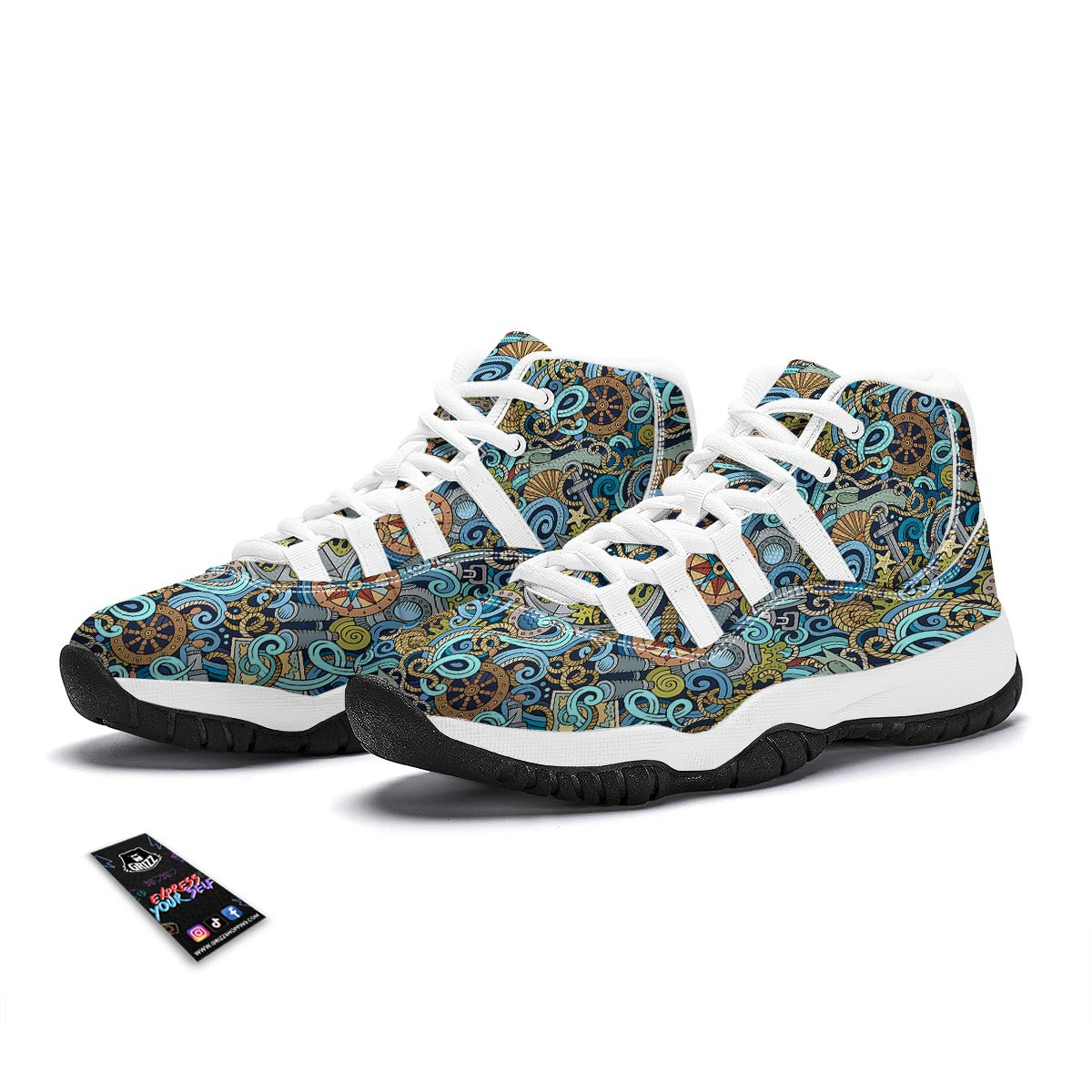 Compass Pattern Print White Bball Shoes-grizzshop