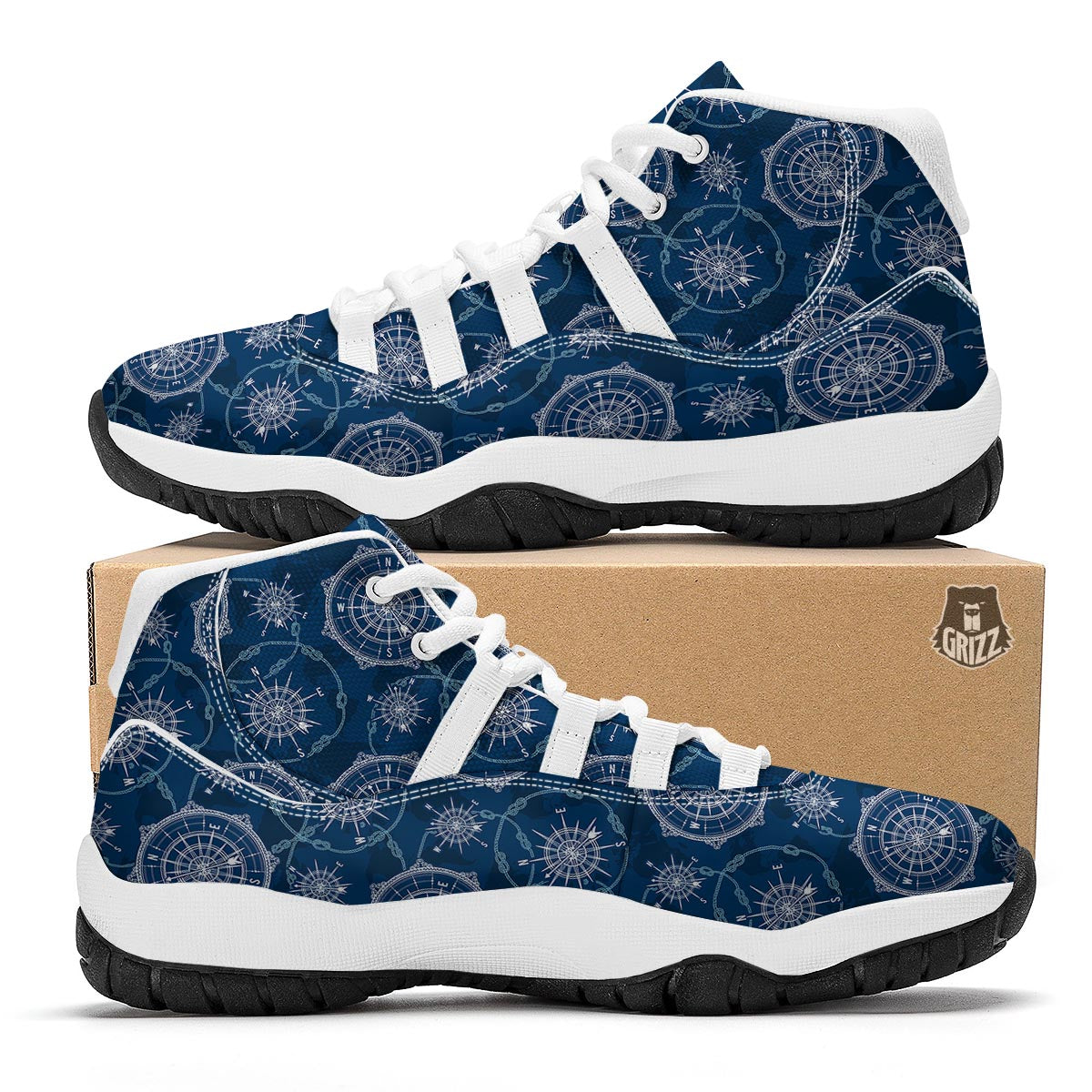 Compass Print Pattern White Bball Shoes-grizzshop