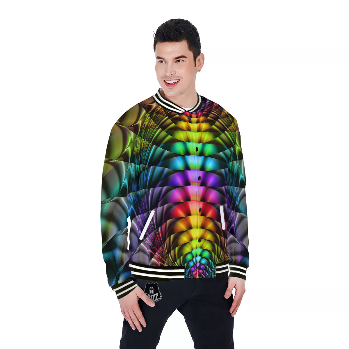 Computer Generated Colorful Fractal Print Baseball Jacket-grizzshop