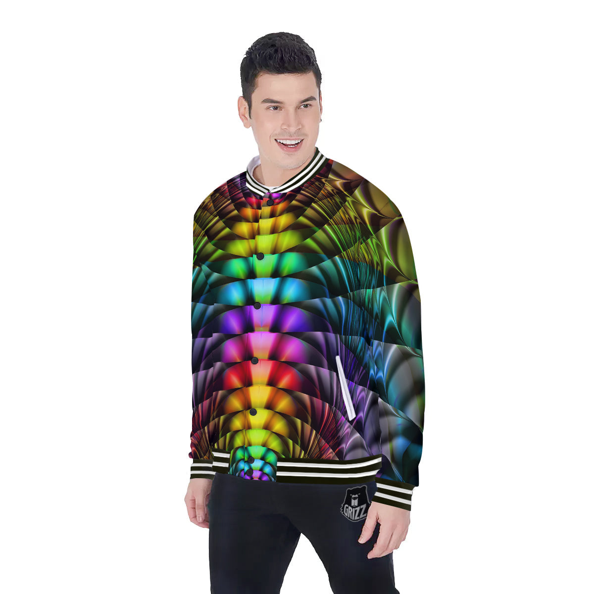 Computer Generated Colorful Fractal Print Baseball Jacket-grizzshop