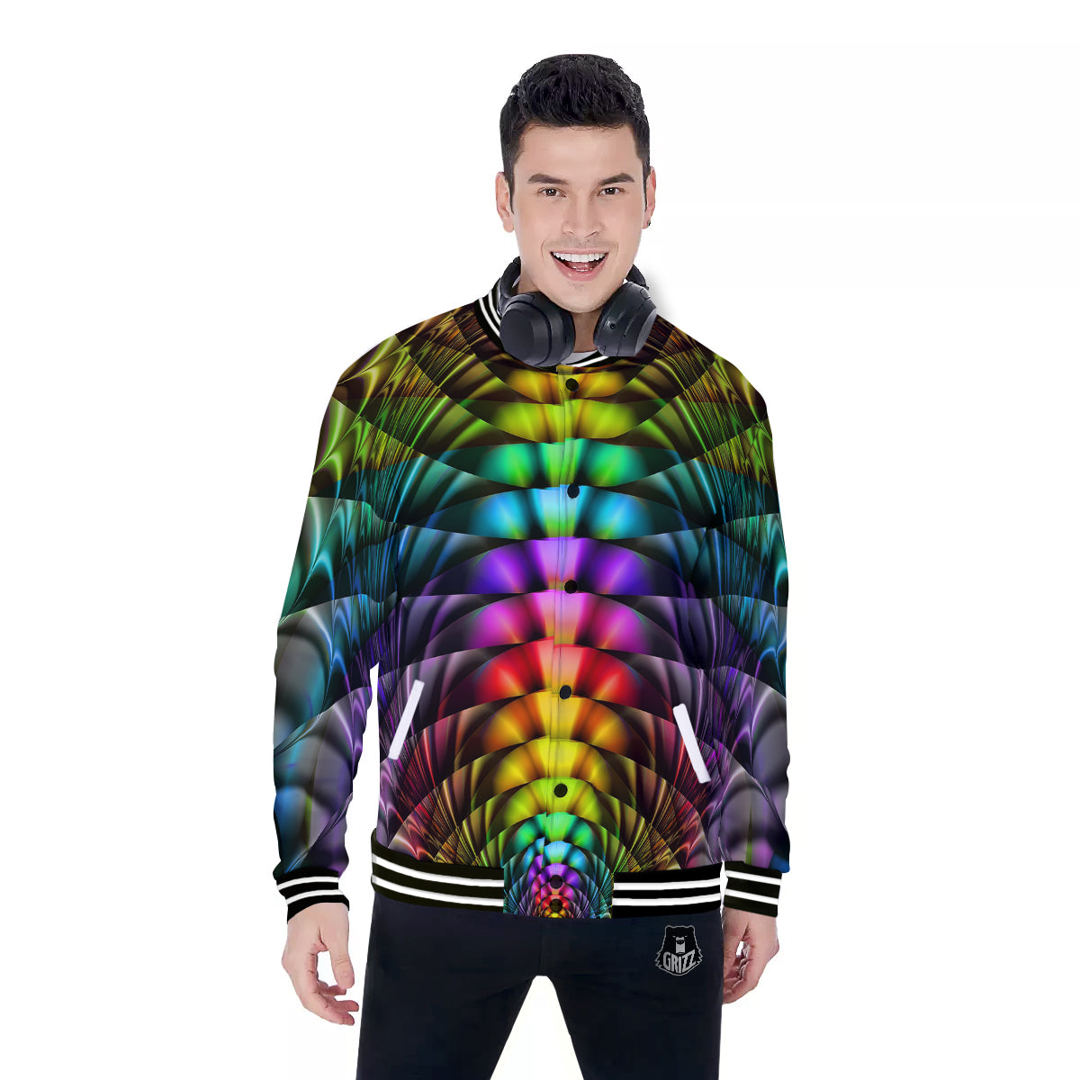 Computer Generated Colorful Fractal Print Baseball Jacket-grizzshop