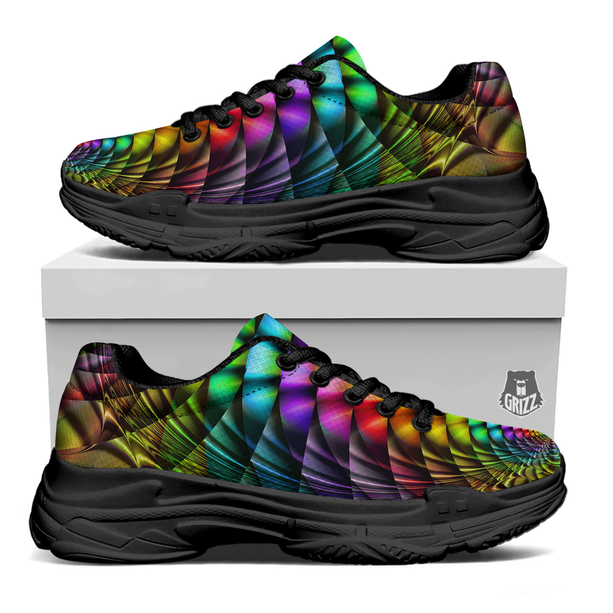 Computer Generated Colorful Fractal Print Black Chunky Shoes-grizzshop