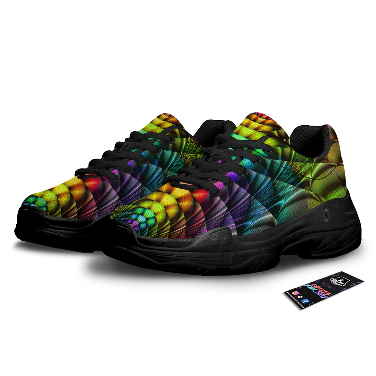 Computer Generated Colorful Fractal Print Black Chunky Shoes-grizzshop