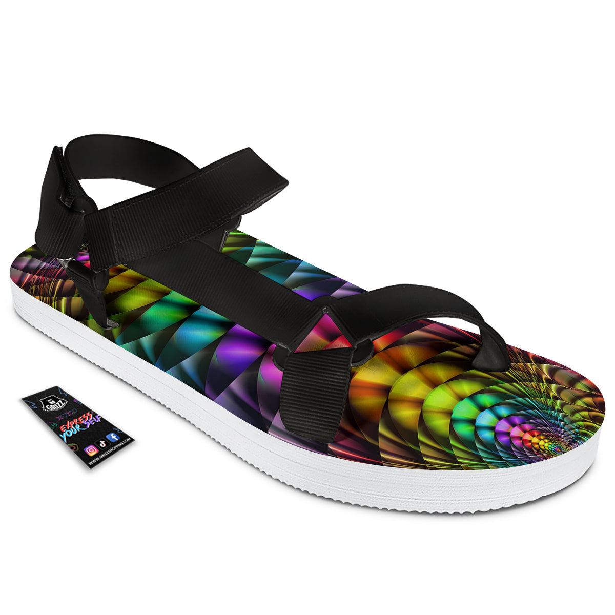 Computer Generated Colorful Fractal Print Black Open Toe Sandals-grizzshop