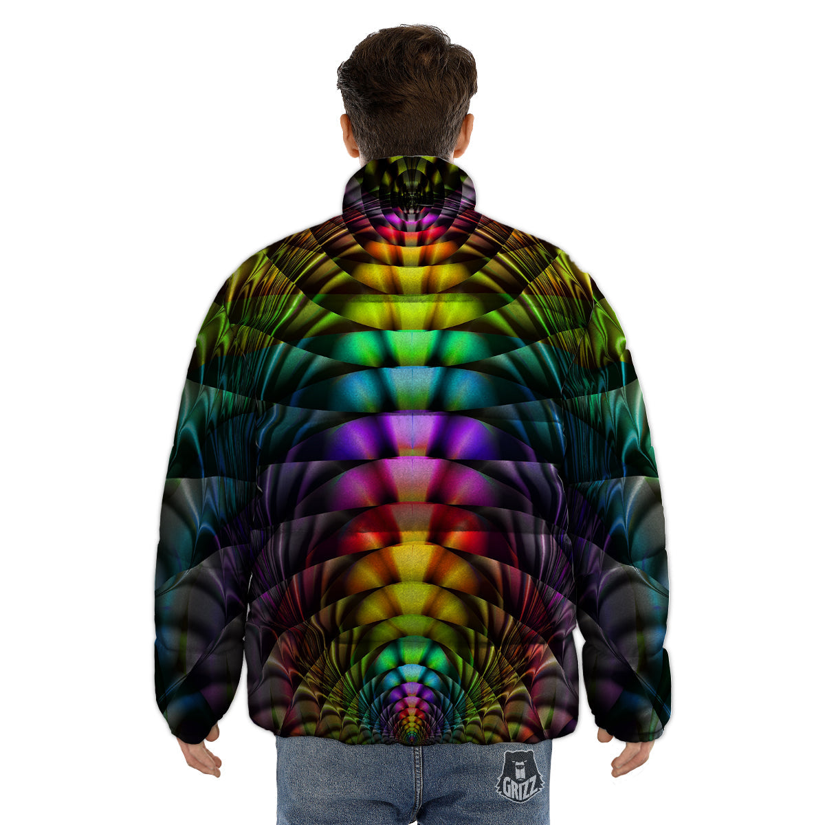 Computer Generated Colorful Fractal Print Puffer Jacket-grizzshop