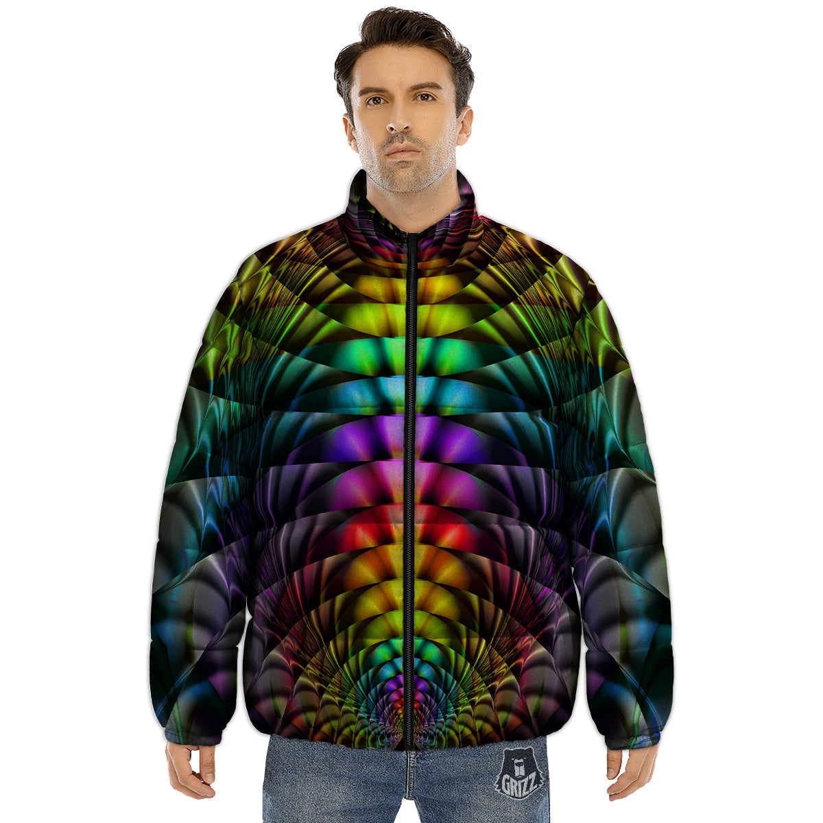 Computer Generated Colorful Fractal Print Puffer Jacket-grizzshop