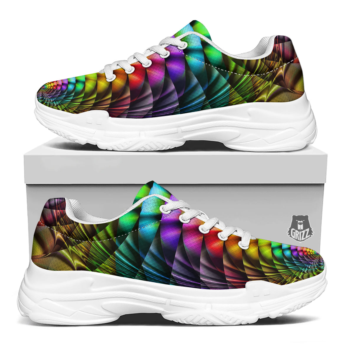 Computer Generated Colorful Fractal Print White Chunky Shoes-grizzshop
