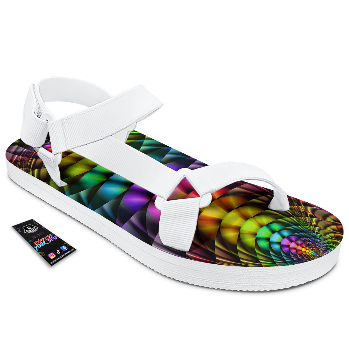 Computer Generated Colorful Fractal Print White Open Toe Sandals-grizzshop