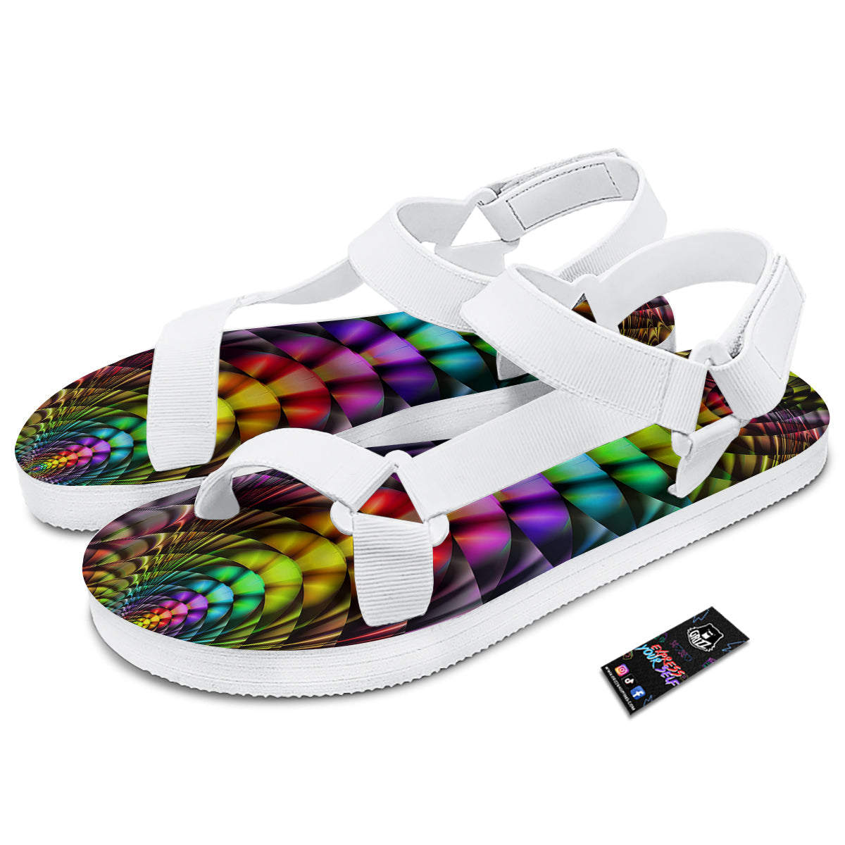 Computer Generated Colorful Fractal Print White Open Toe Sandals-grizzshop