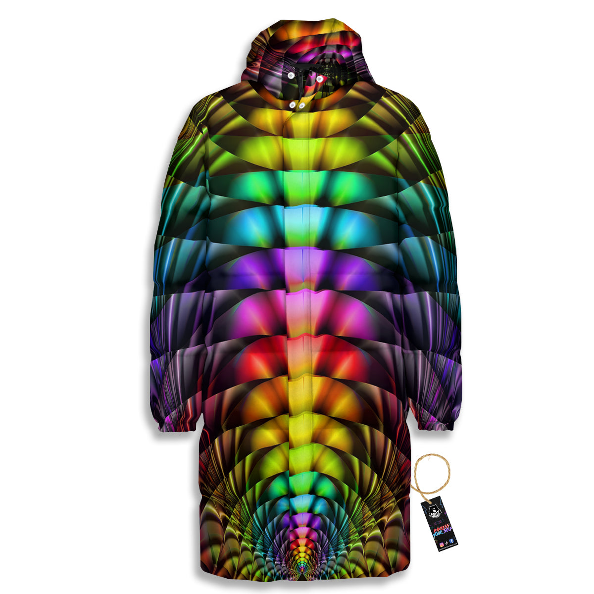Computer Generated Colorful Fractal Print Long Down Jacket