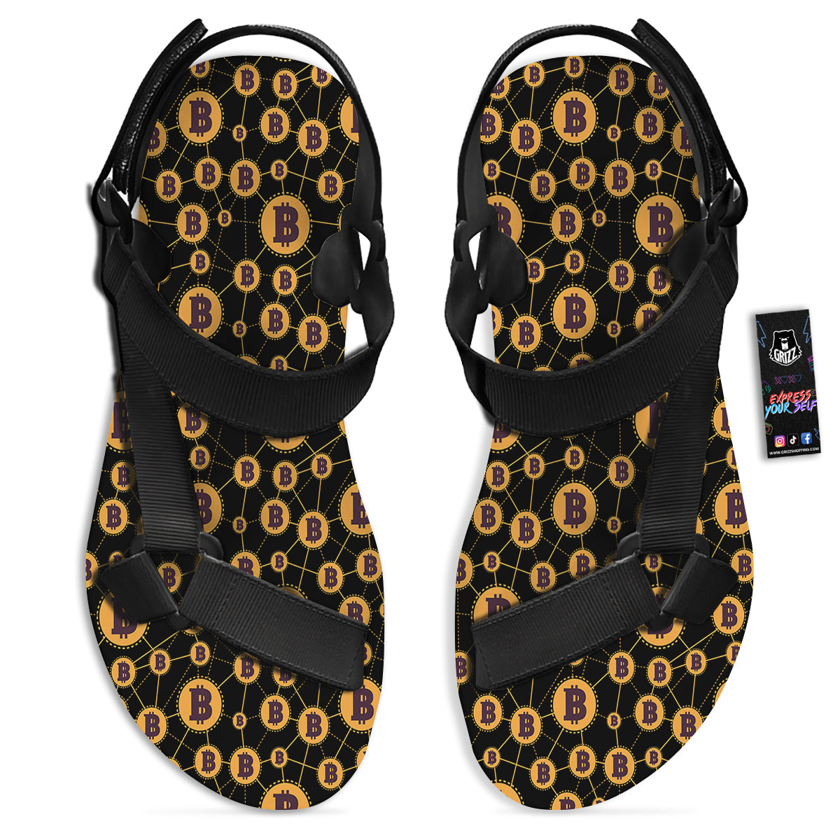 Connection Bitcoin Print Pattern Black Open Toe Sandals-grizzshop