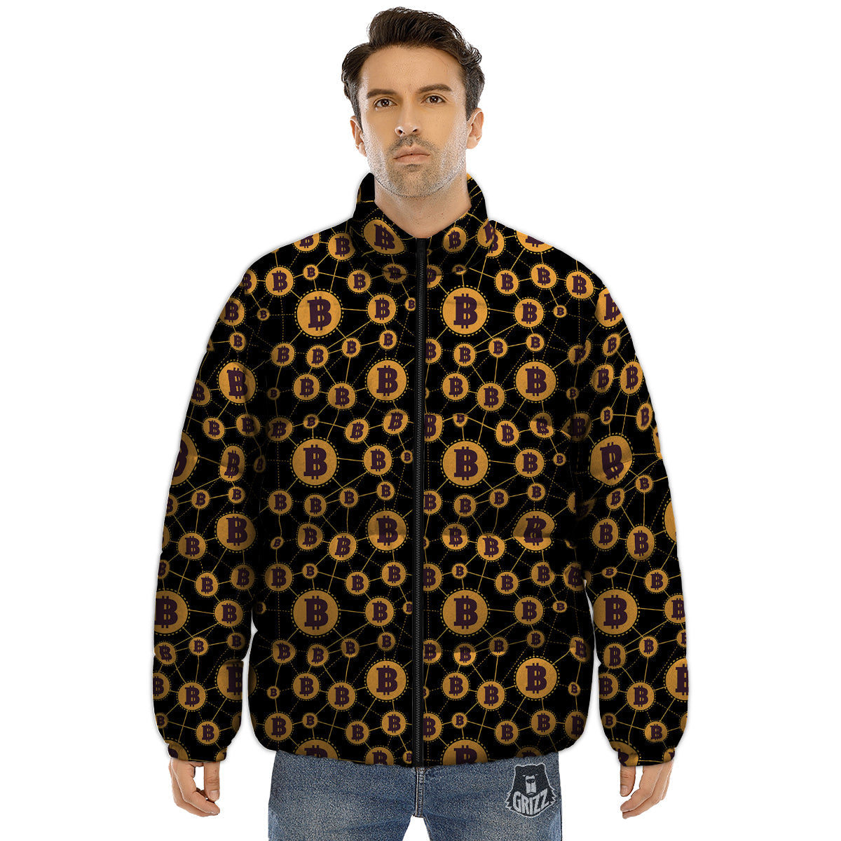 Connection Bitcoin Print Pattern Puffer Jacket-grizzshop