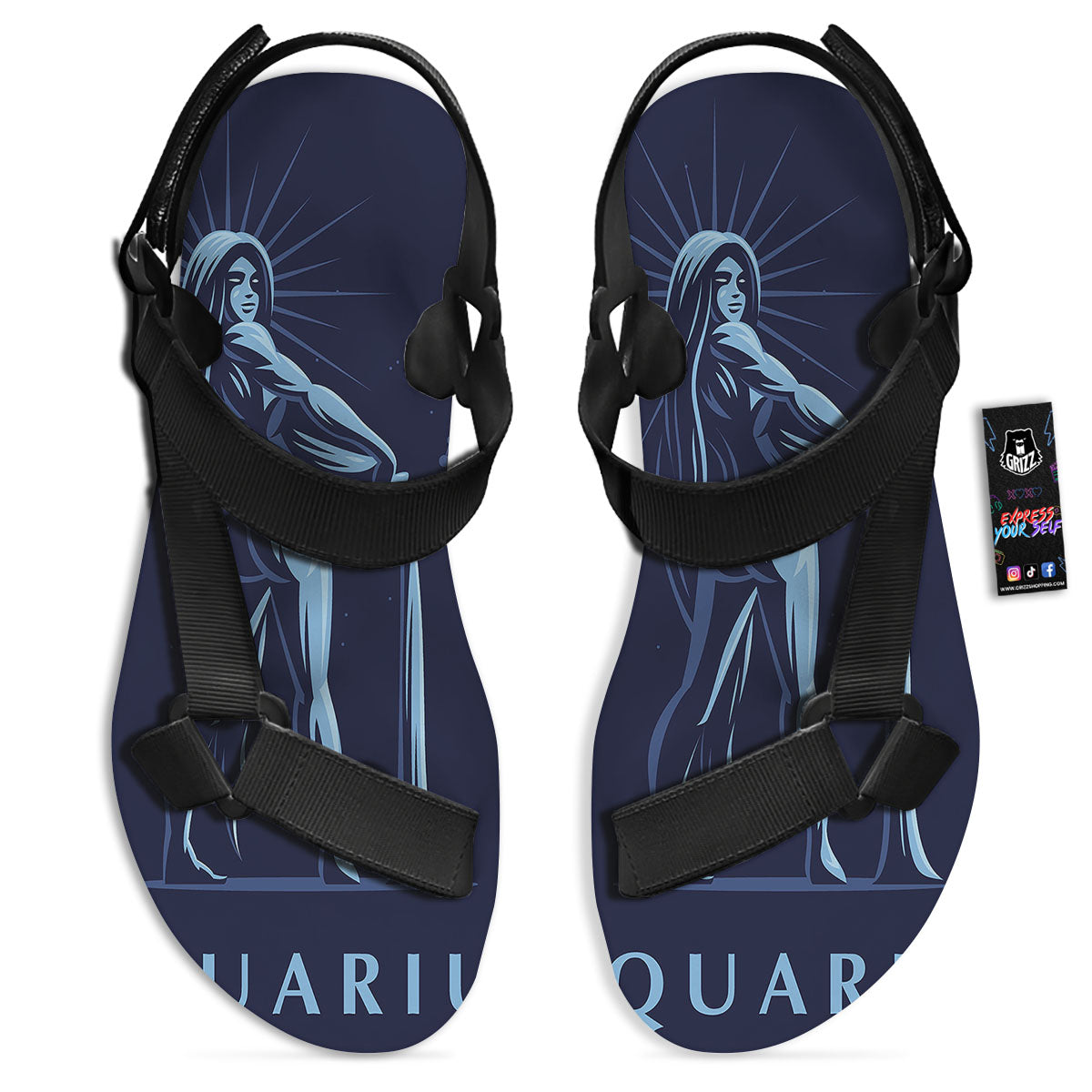 Constellation Aquarius Print Black Open Toe Sandals-grizzshop