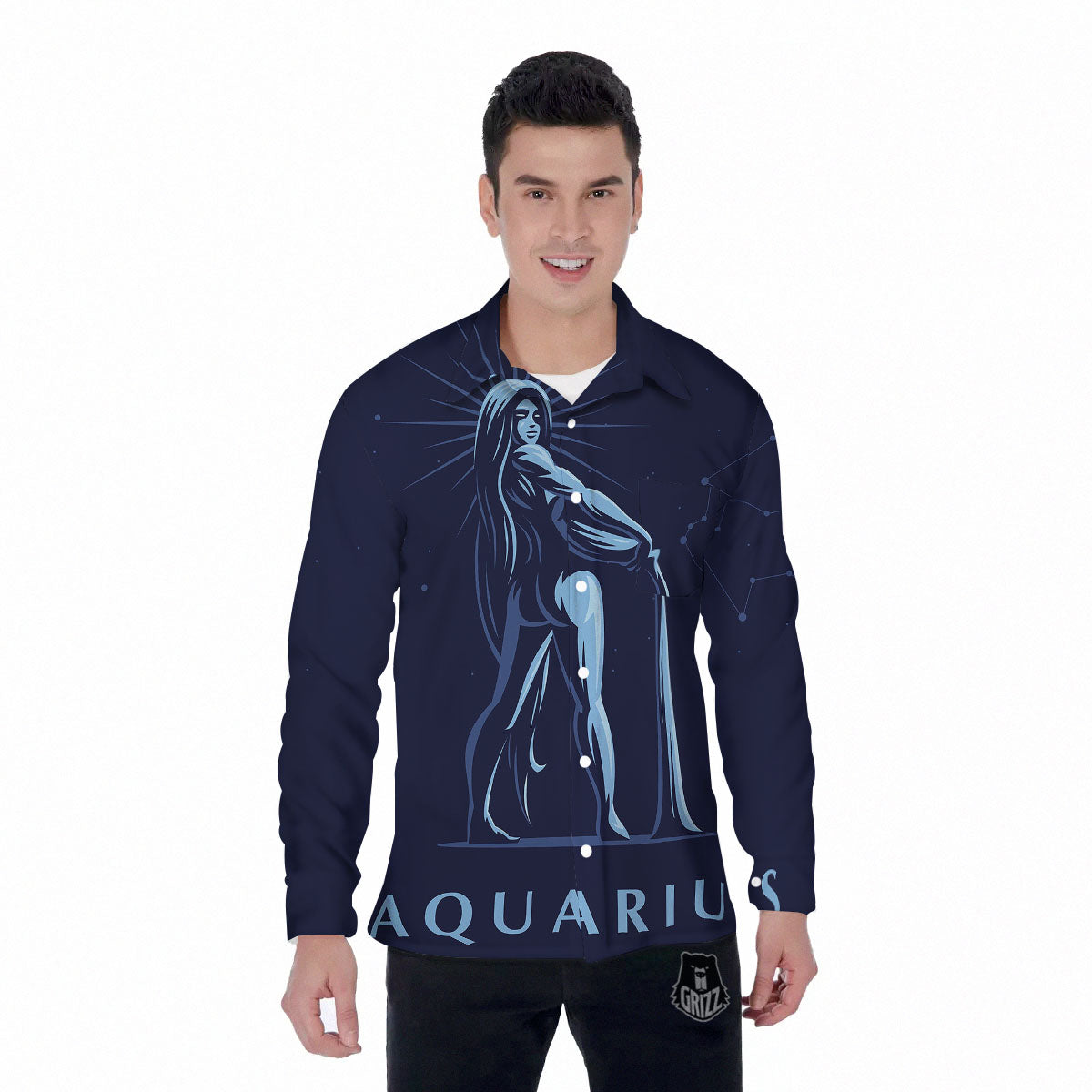 Constellation Aquarius Print Men's Long Sleeve Shirts-grizzshop
