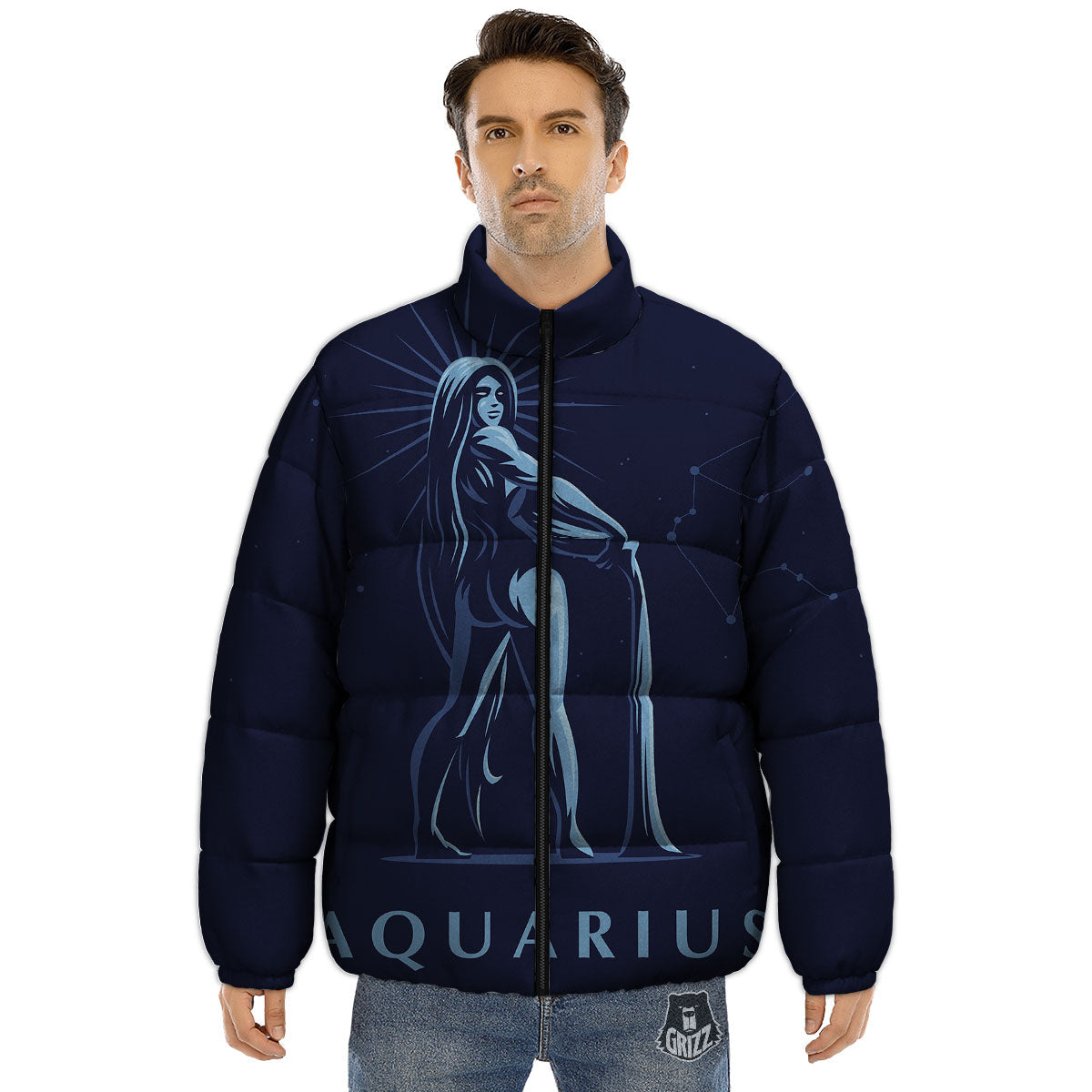 Constellation Aquarius Print Puffer Jacket-grizzshop