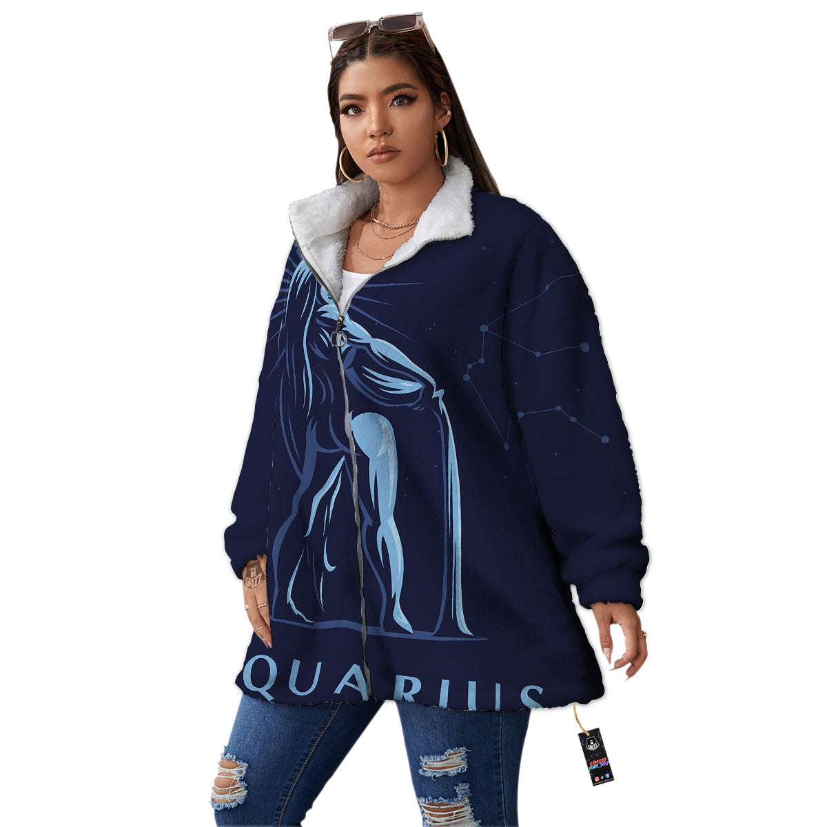 Constellation Aquarius Print Women's Sherpa Jacket-grizzshop