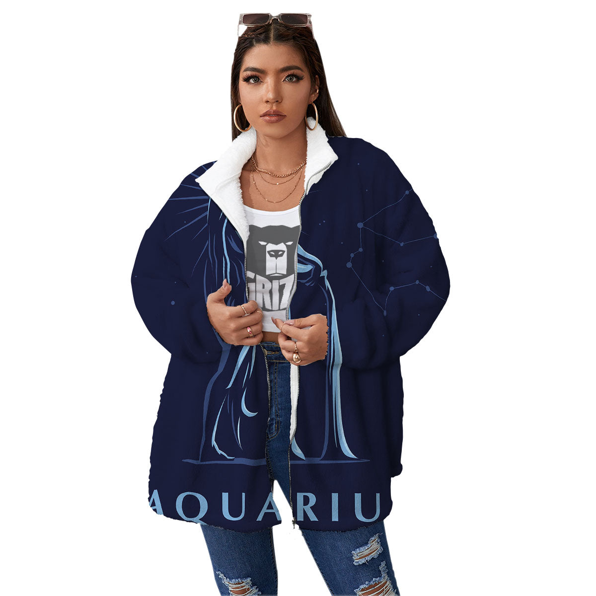 Constellation Aquarius Print Women's Sherpa Jacket-grizzshop