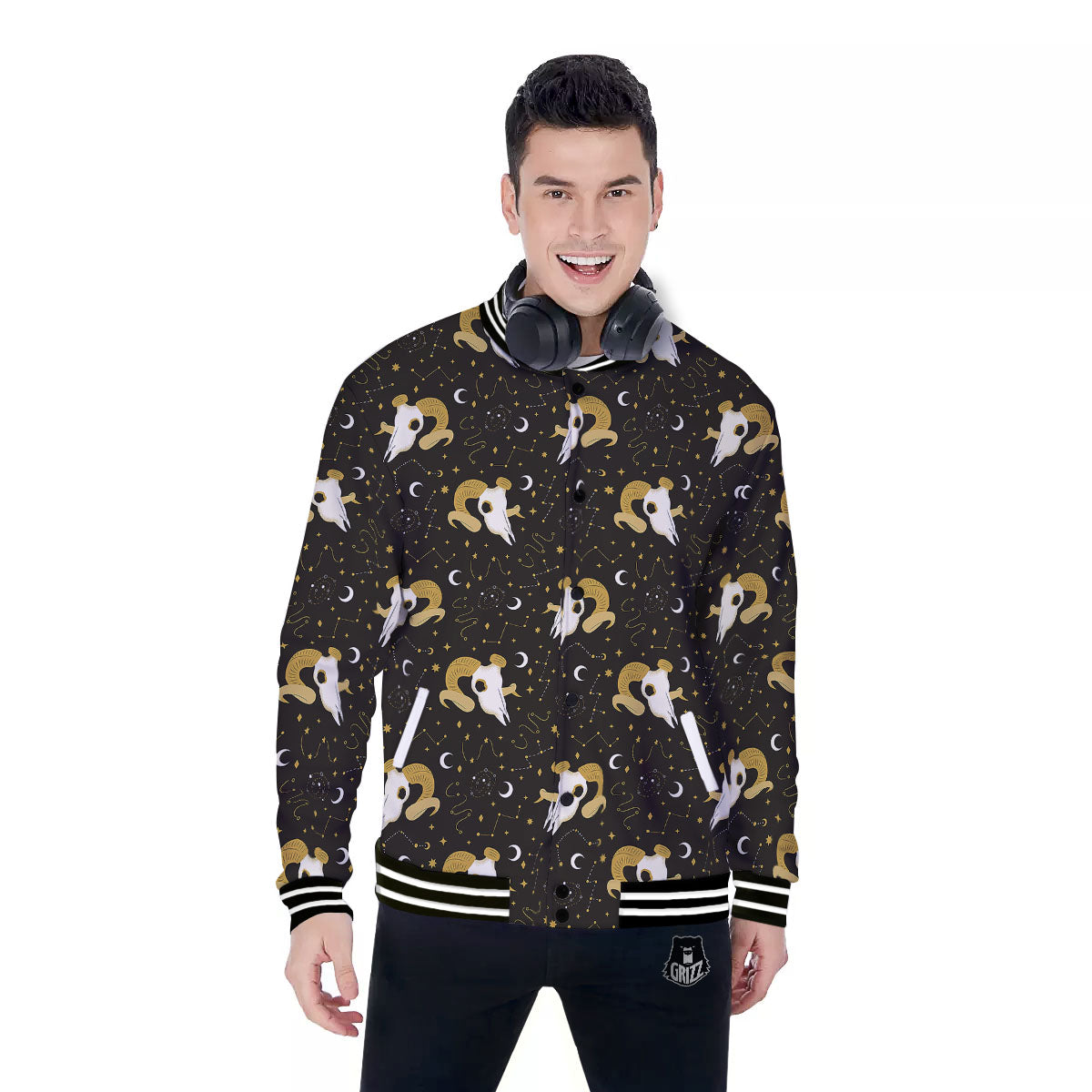 Constellation Aries Print Baseball Jacket-grizzshop