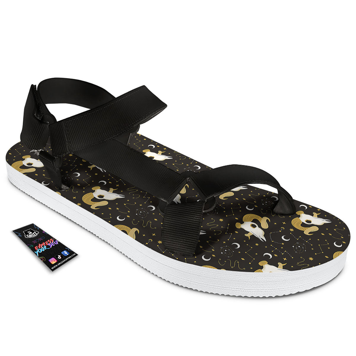 Constellation Aries Print Black Open Toe Sandals-grizzshop
