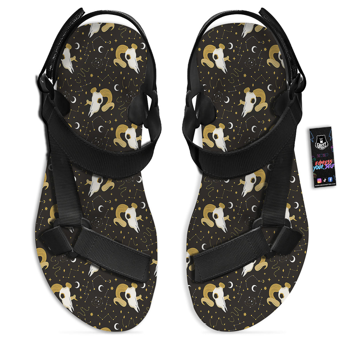 Constellation Aries Print Black Open Toe Sandals-grizzshop