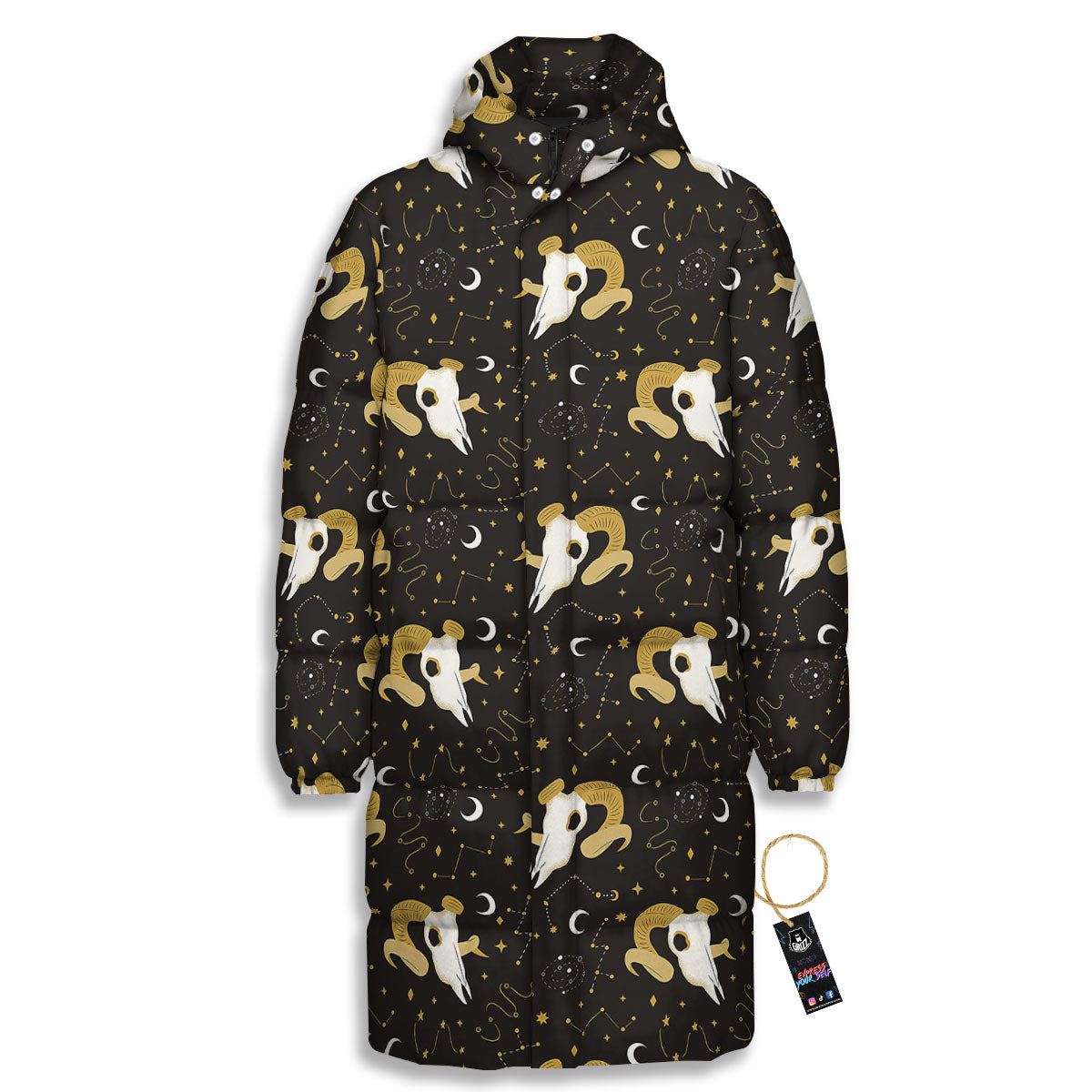 Constellation Aries Print Long Down Jacket-grizzshop