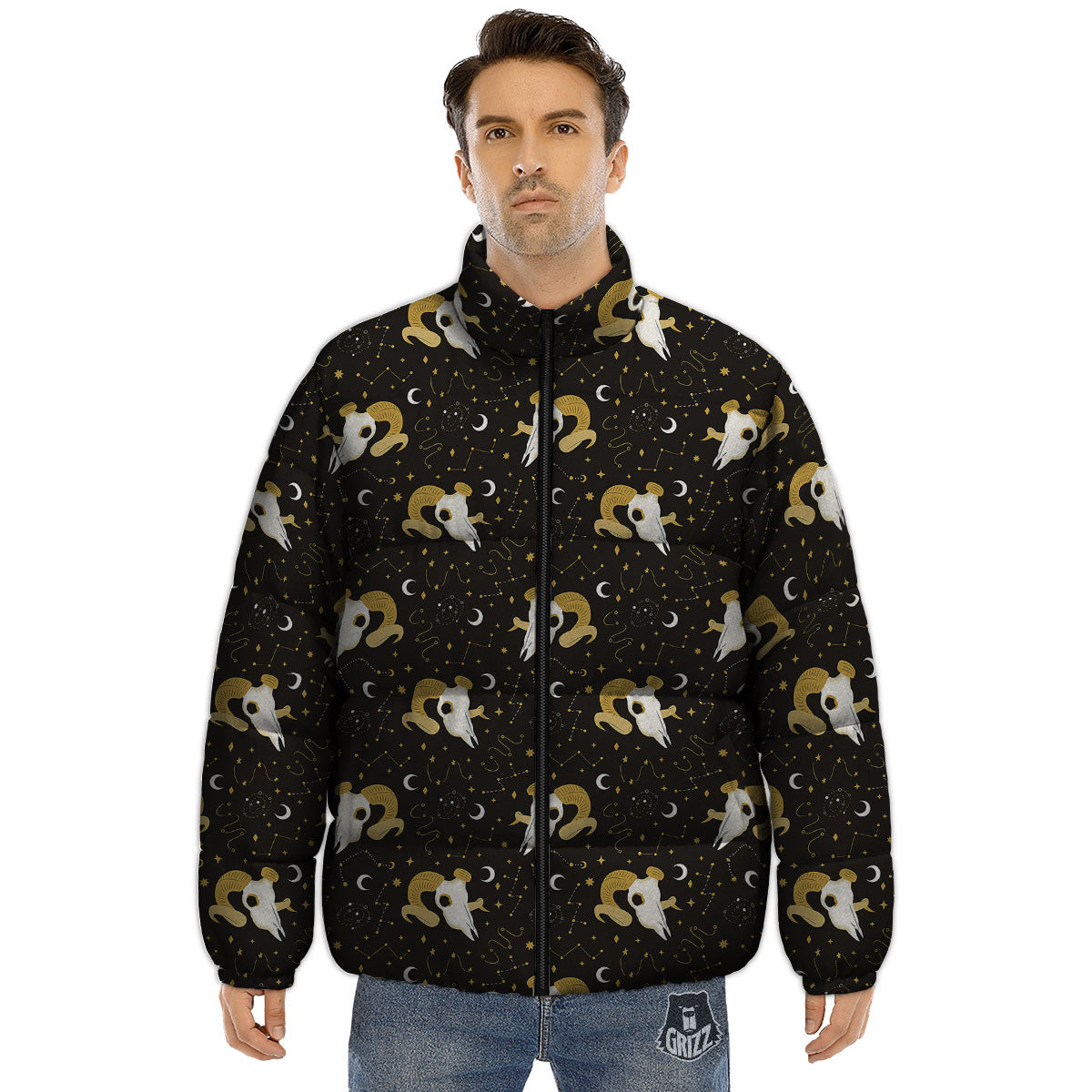 Constellation Aries Print Puffer Jacket-grizzshop