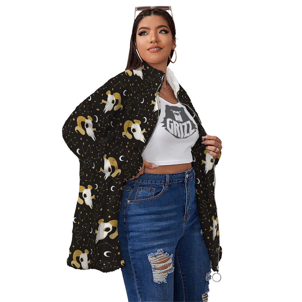 Constellation Aries Print Women's Sherpa Jacket-grizzshop