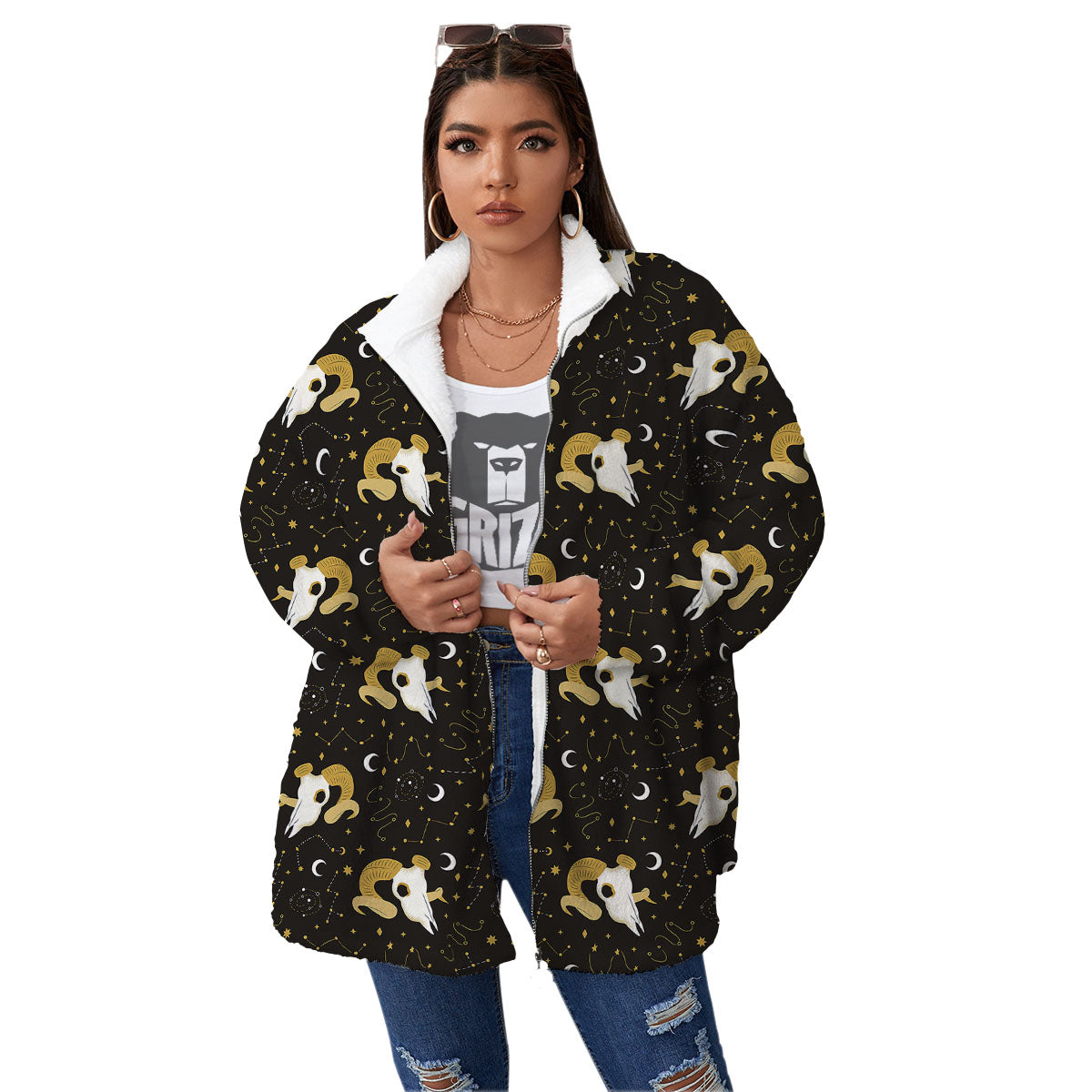 Constellation Aries Print Women's Sherpa Jacket-grizzshop