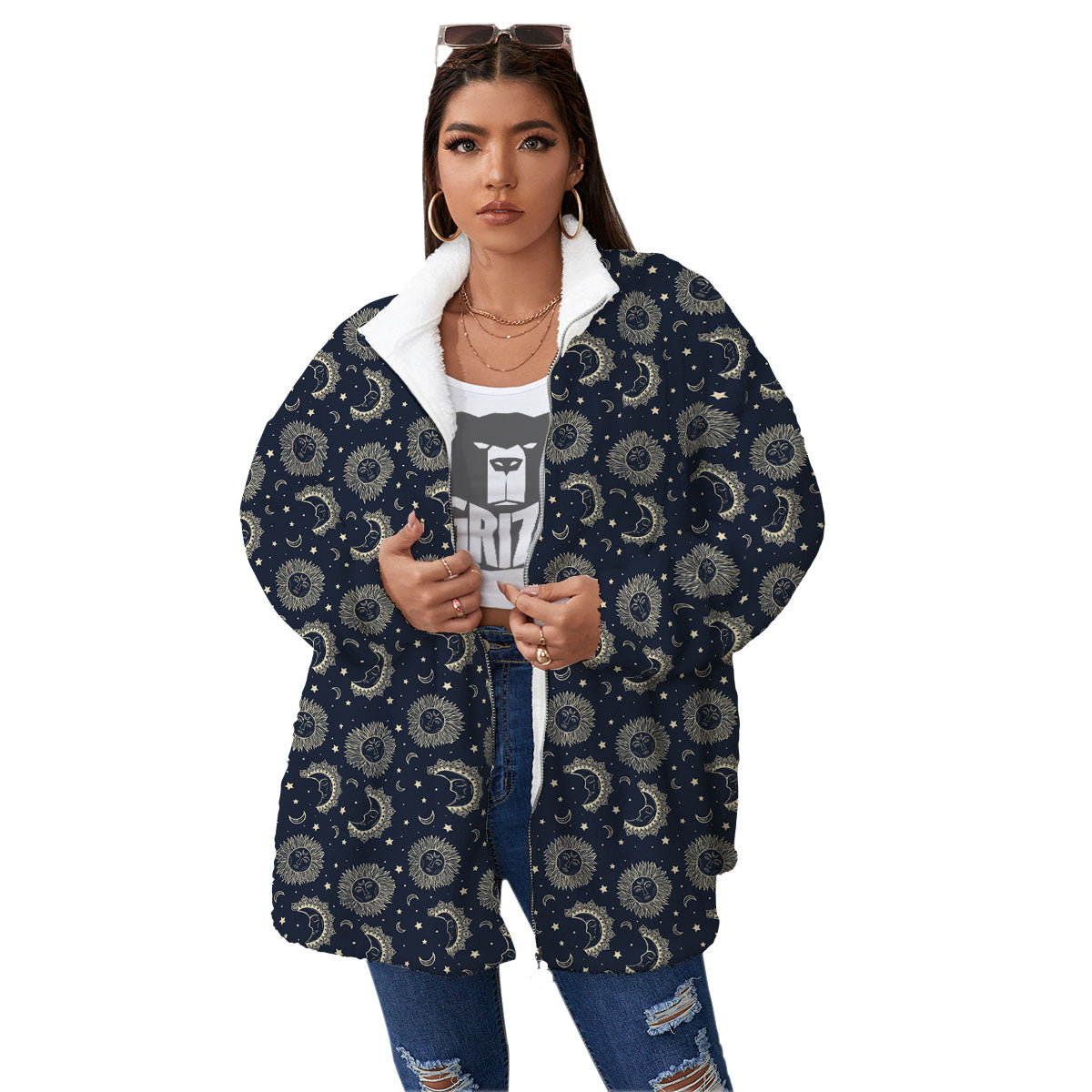 Constellation Bohemian Print Pattern Women's Sherpa Jacket-grizzshop