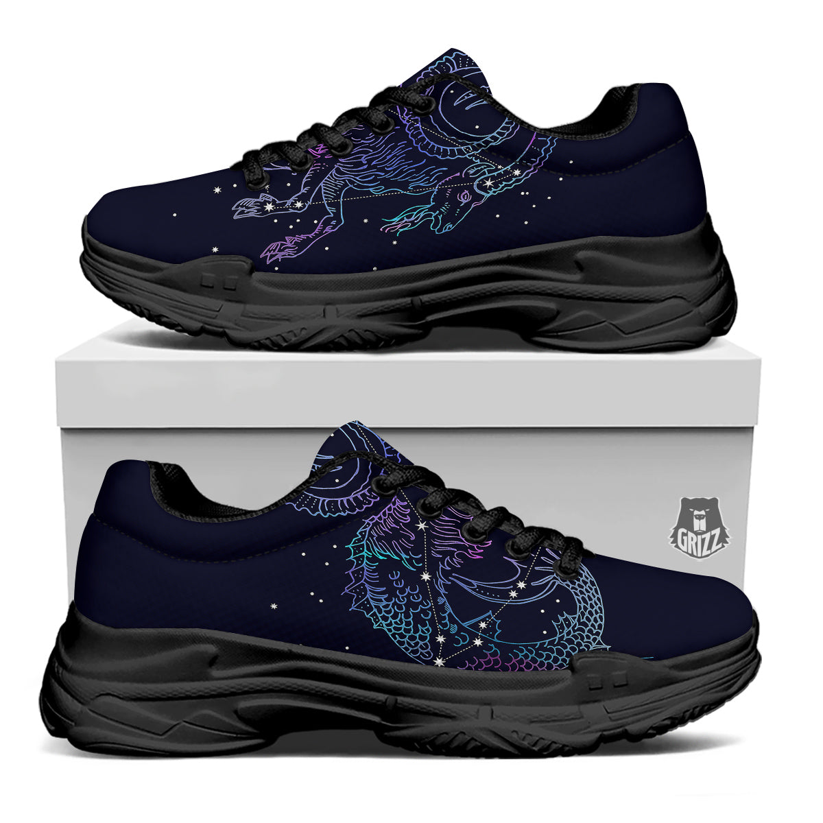 Constellation Capricorn Print Black Chunky Shoes-grizzshop