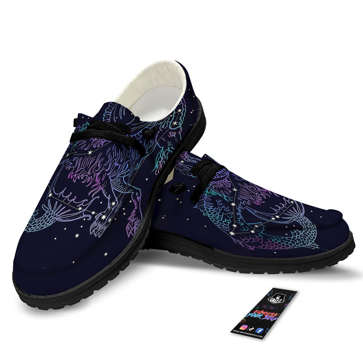Constellation Capricorn Print Black Loafers-grizzshop