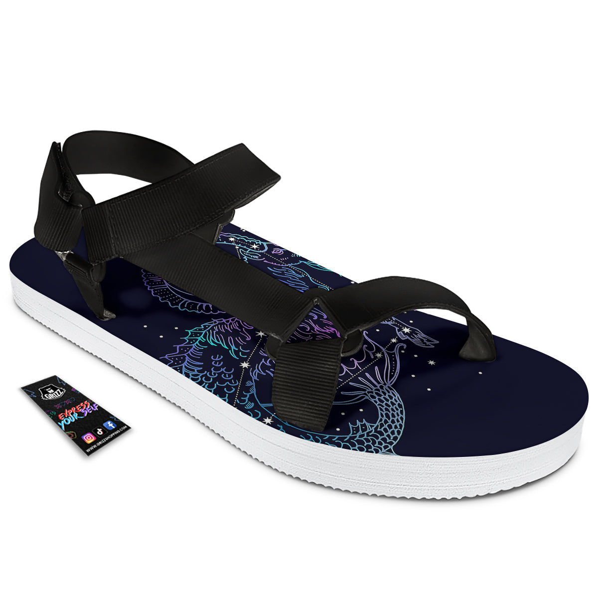 Constellation Capricorn Print Black Open Toe Sandals-grizzshop