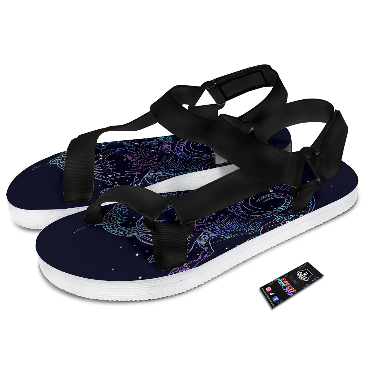 Constellation Capricorn Print Black Open Toe Sandals-grizzshop