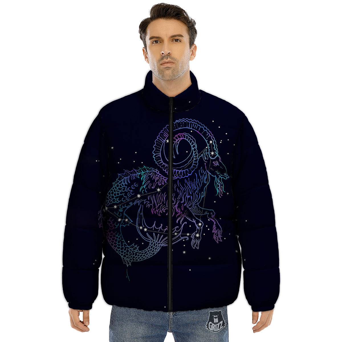 Constellation Capricorn Print Puffer Jacket-grizzshop