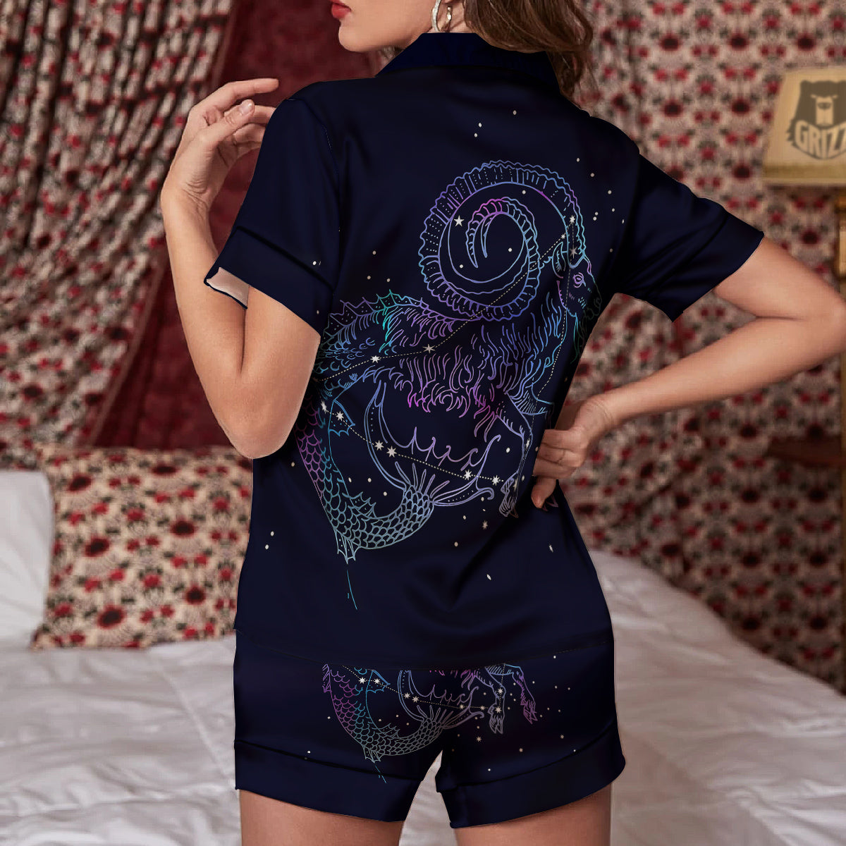 Constellation Capricorn Print Women Silk Pajamas-grizzshop
