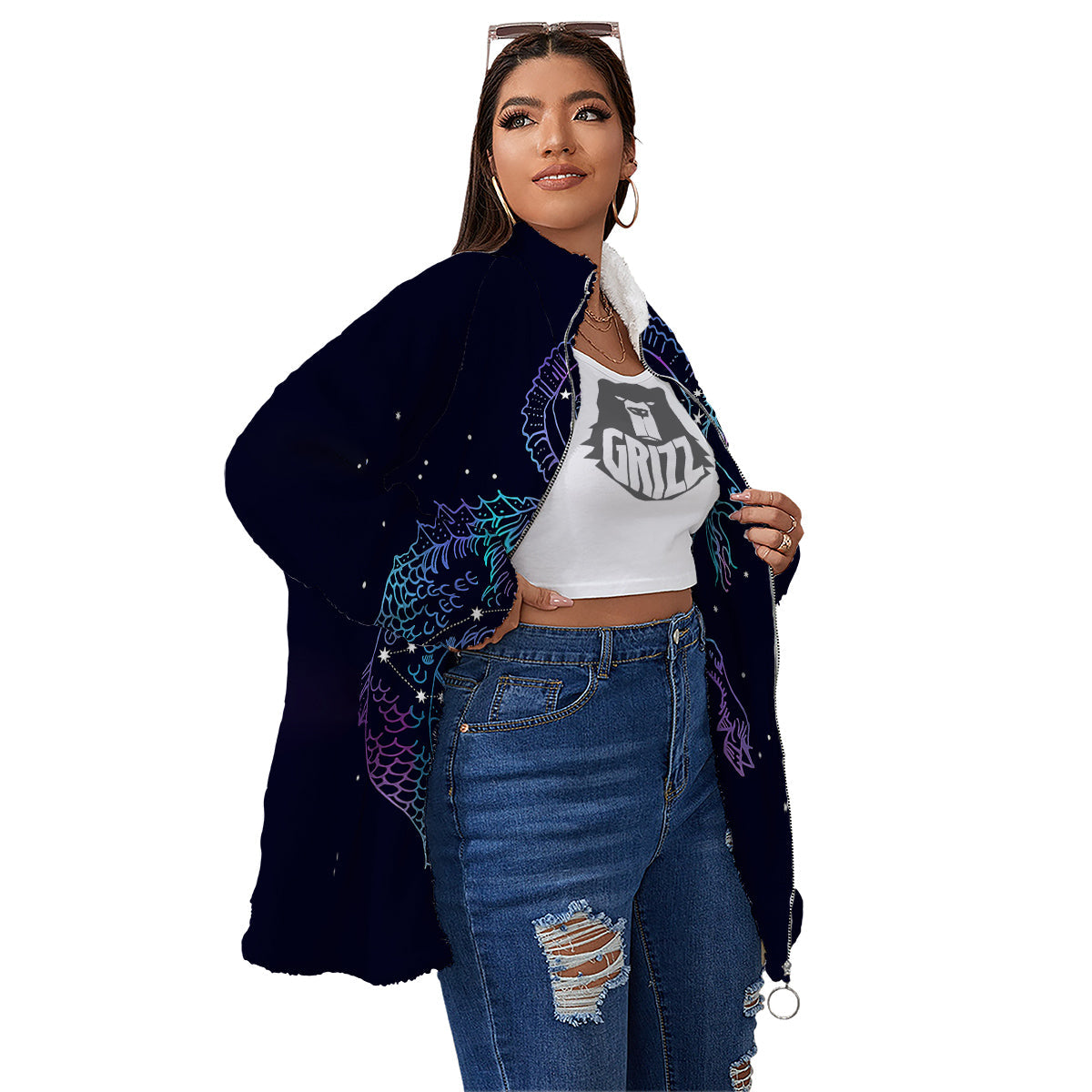 Constellation Capricorn Print Women's Sherpa Jacket-grizzshop