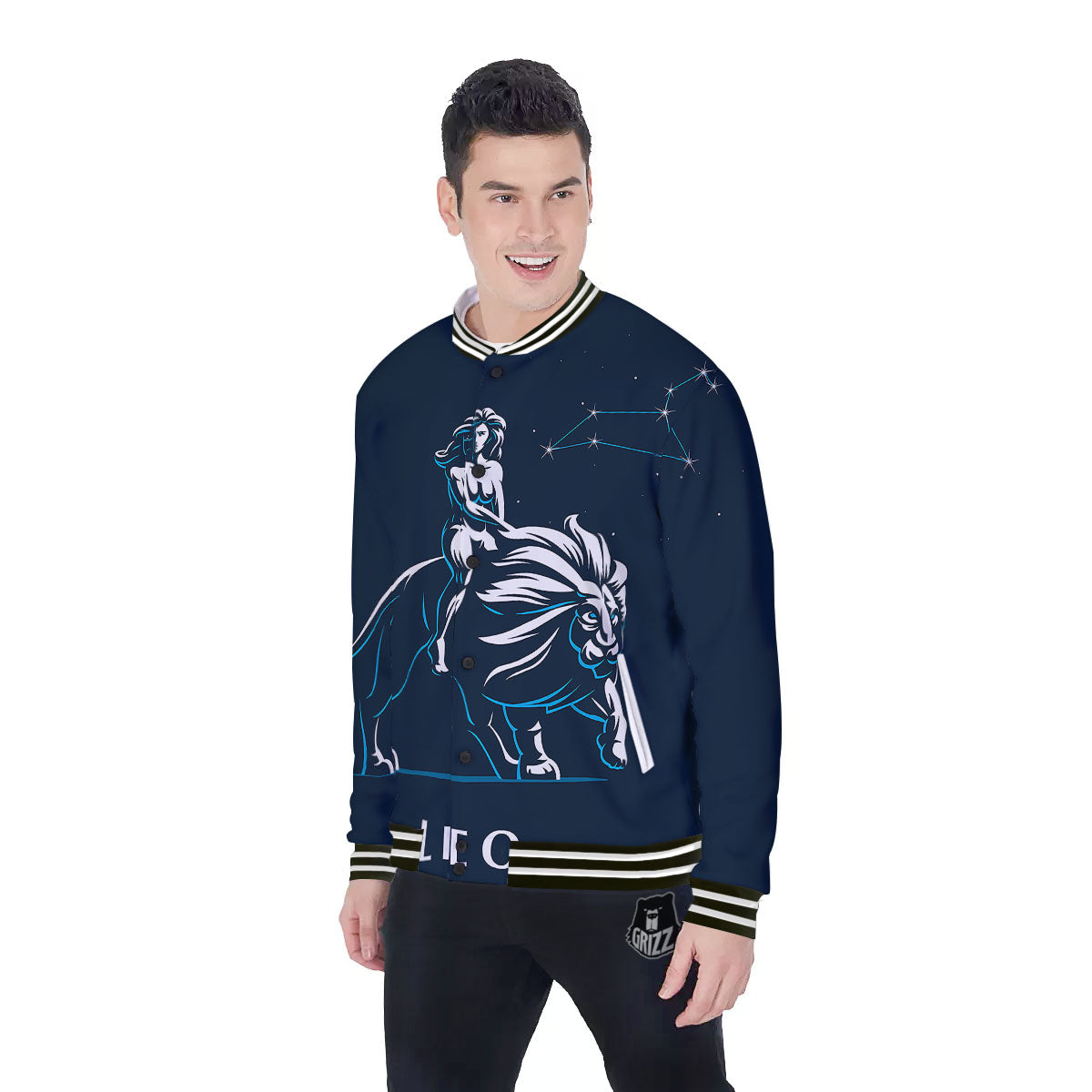 Constellation Leo Print Baseball Jacket-grizzshop