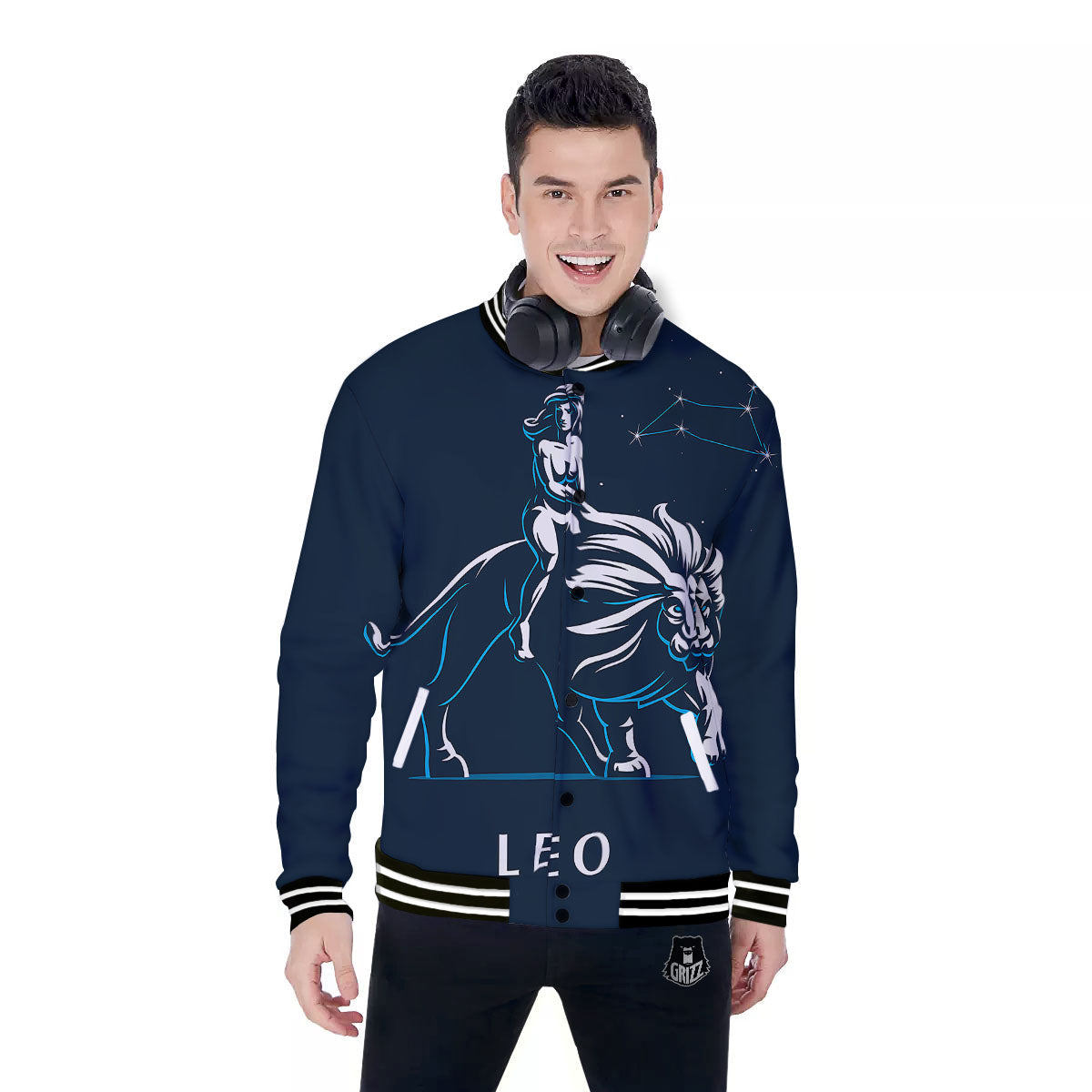 Constellation Leo Print Baseball Jacket-grizzshop