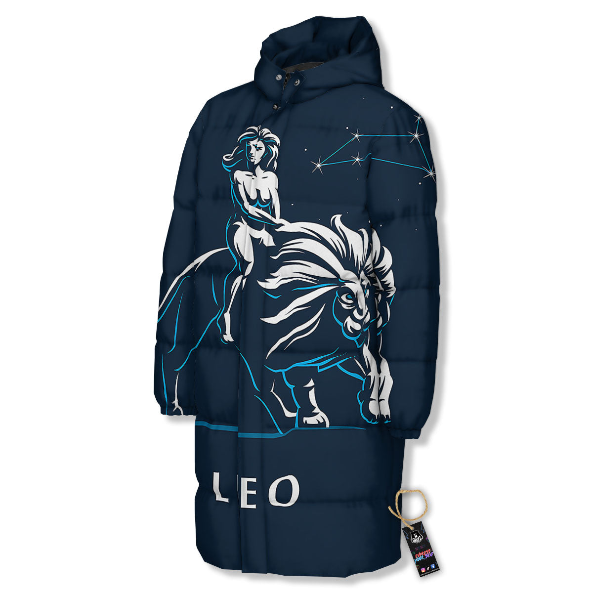 Constellation Leo Print Long Down Jacket-grizzshop