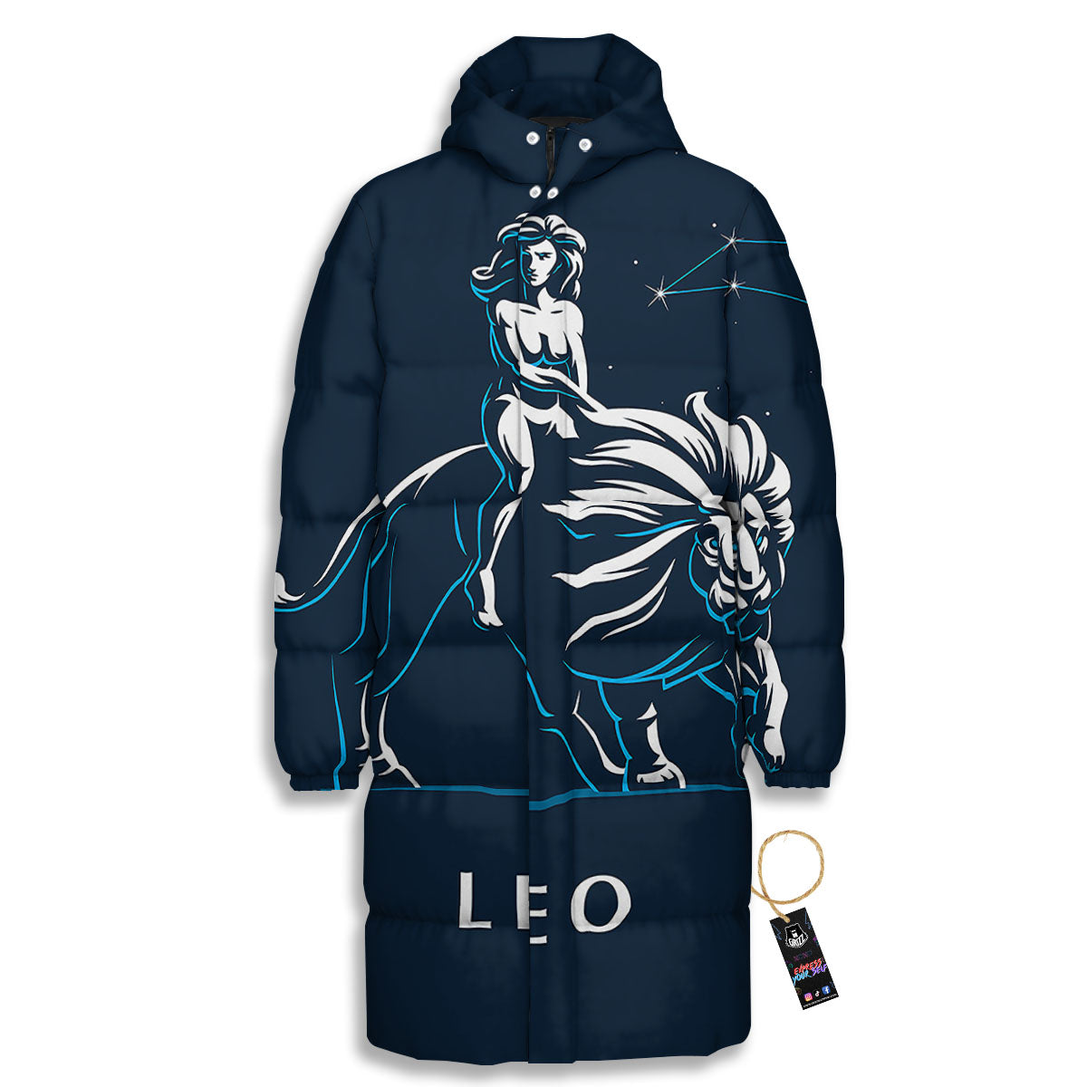 Constellation Leo Print Long Down Jacket-grizzshop