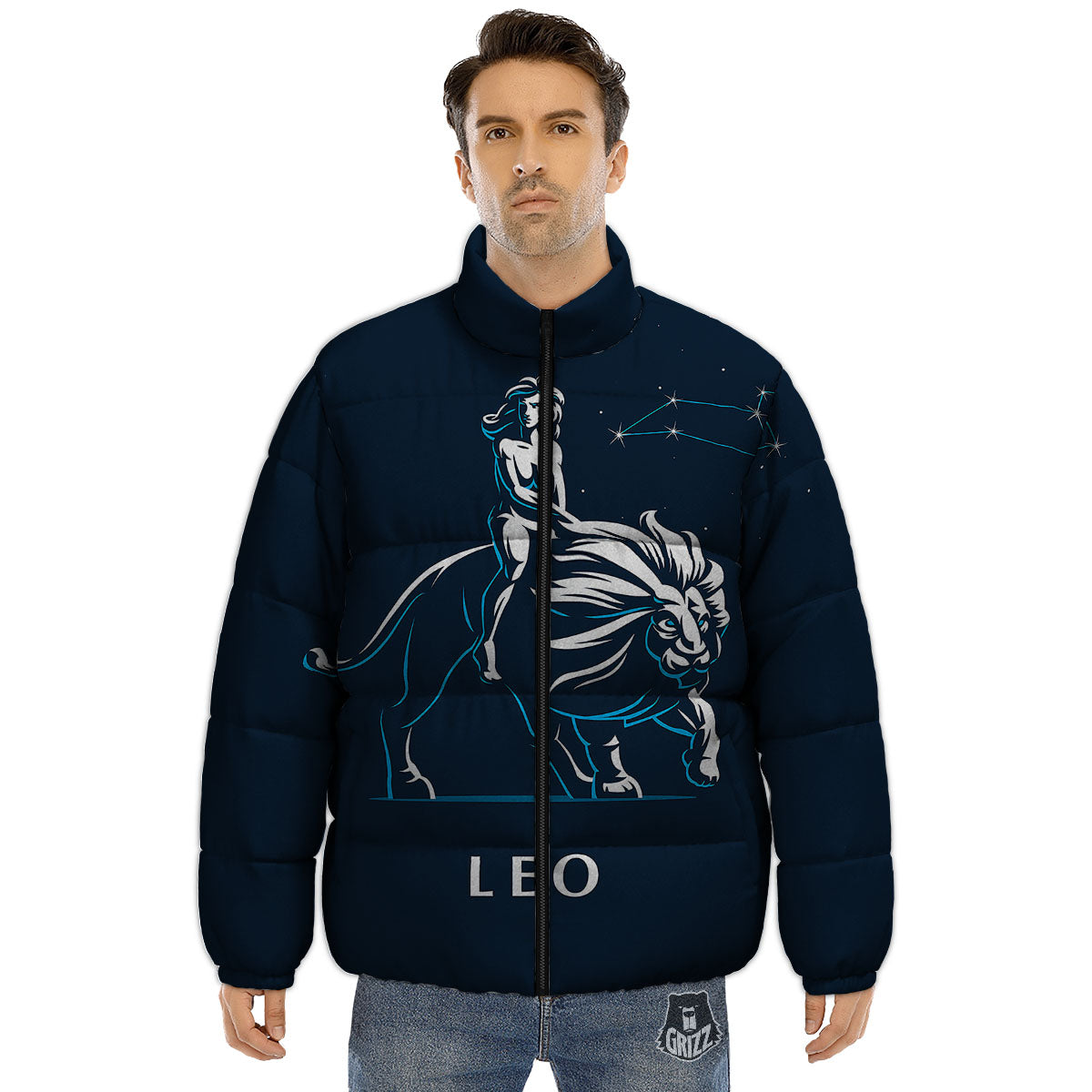 Constellation Leo Print Puffer Jacket-grizzshop