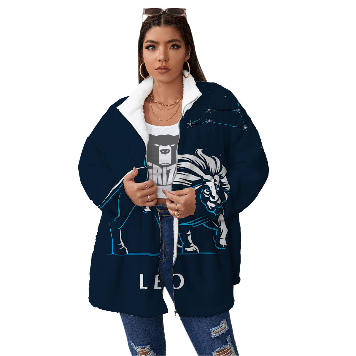 Constellation Leo Print Women's Sherpa Jacket-grizzshop