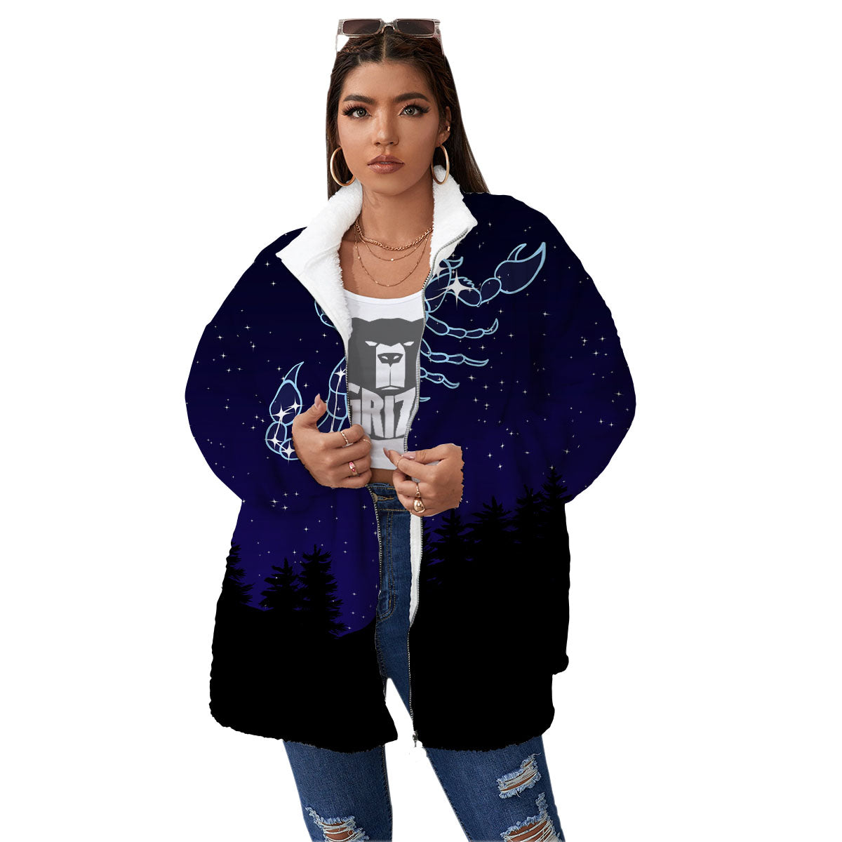 Constellation Scorpio Print Women's Sherpa Jacket-grizzshop