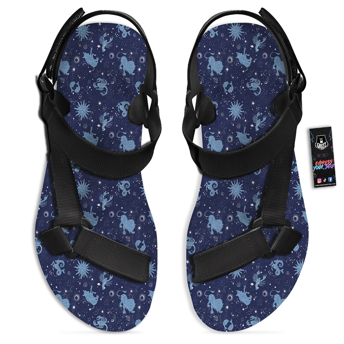 Constellation Signs Zodiac Print Pattern Black Open Toe Sandals-grizzshop